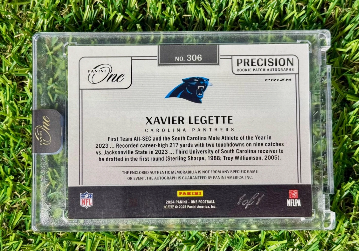 2024 Panini One Xavier Legette Precision Rookie Patch Auto 1/1 NFL Shield